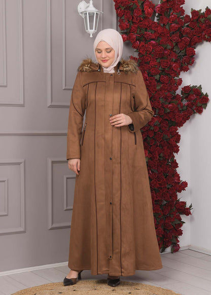 Damen Wildleder-Mantel in Übergrößen mit abnehmbarer Kapuze 1354 - Braun