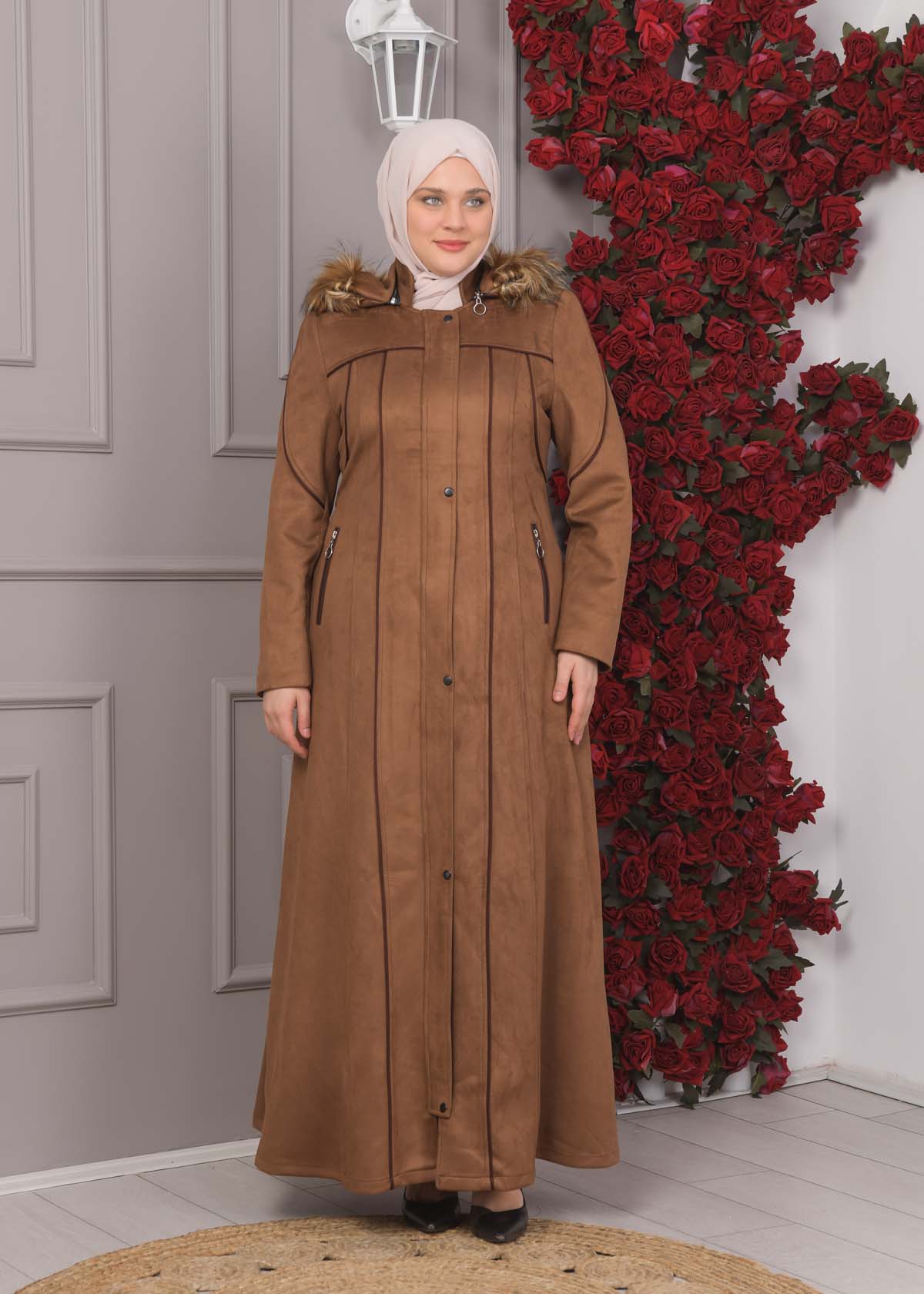 Damen Wildleder-Mantel in Übergrößen mit abnehmbarer Kapuze 1354 - Braun