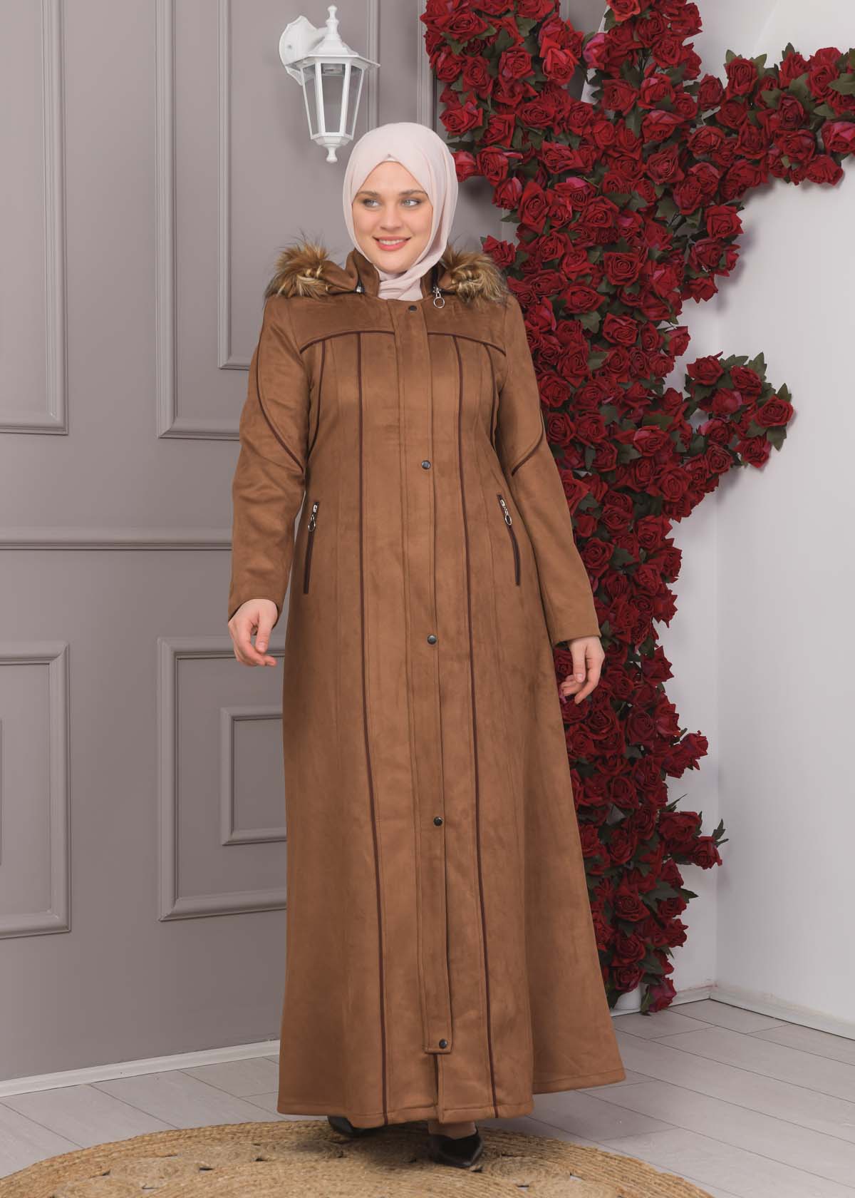 Damen Wildleder-Mantel in Übergrößen mit abnehmbarer Kapuze 1354 - Braun