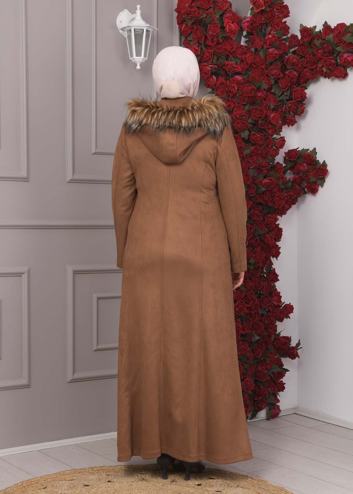 Damen Wildleder-Mantel in Übergrößen mit abnehmbarer Kapuze 1354 - Braun