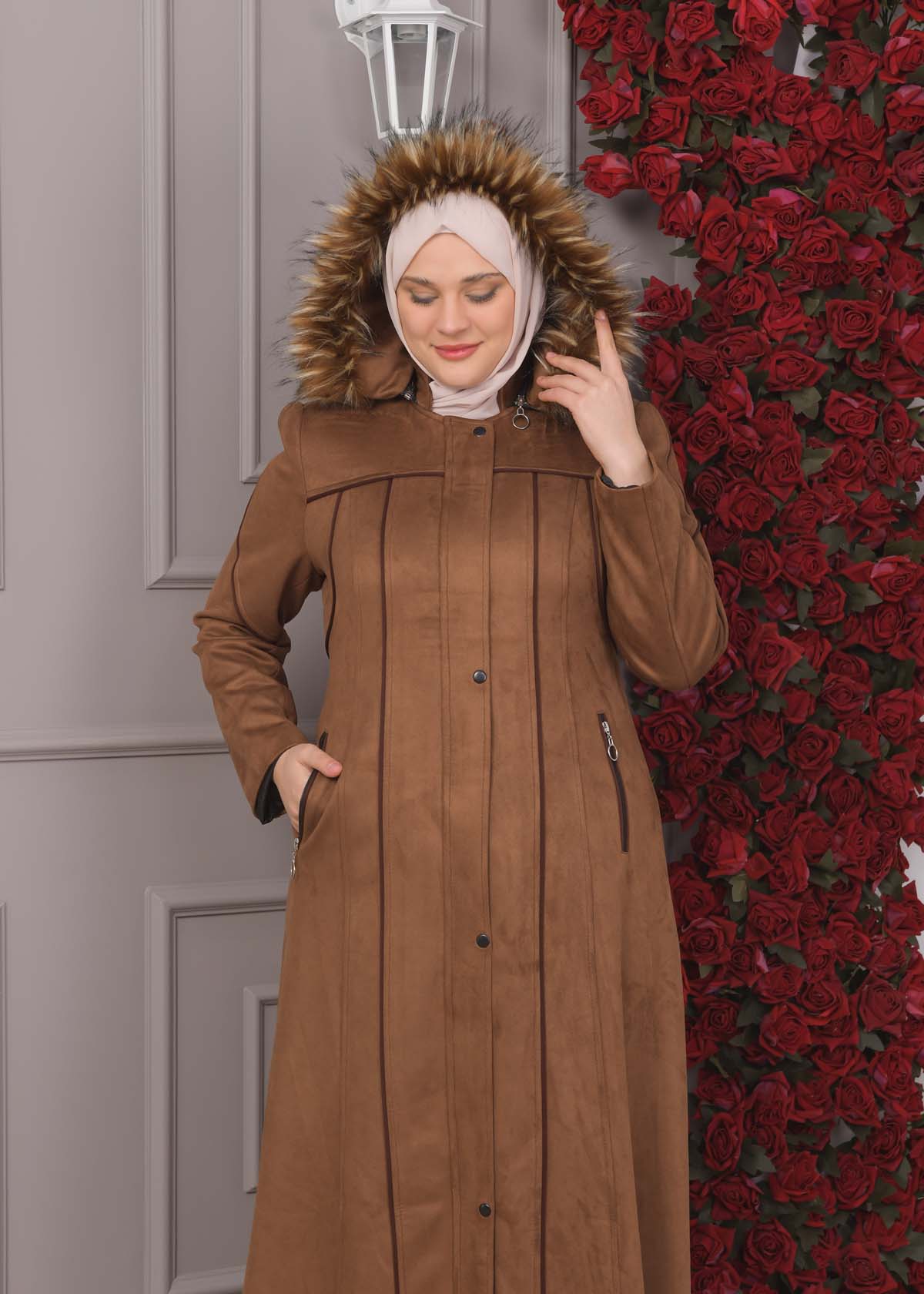 Damen Wildleder-Mantel in Übergrößen mit abnehmbarer Kapuze 1354 - Braun