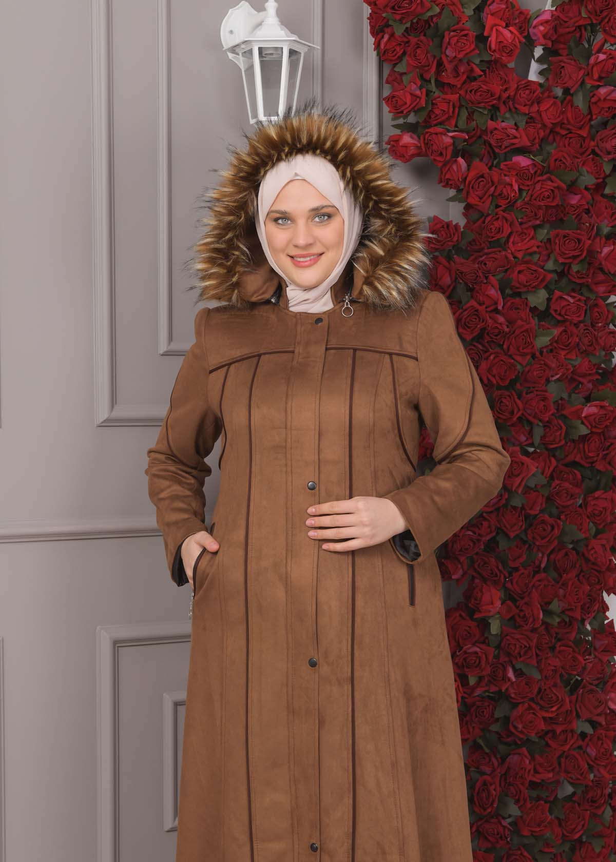 Damen Wildleder-Mantel in Übergrößen mit abnehmbarer Kapuze 1354 - Braun