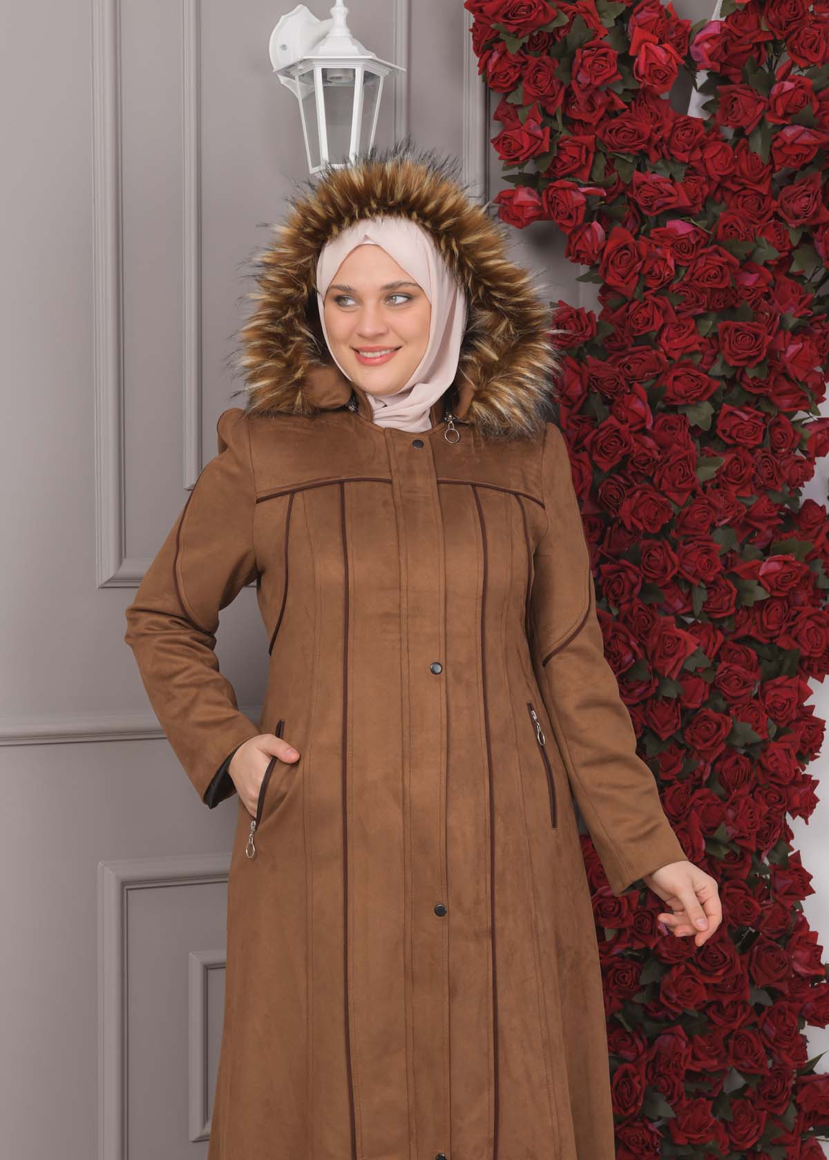 Damen Wildleder-Mantel in Übergrößen mit abnehmbarer Kapuze 1354 - Braun