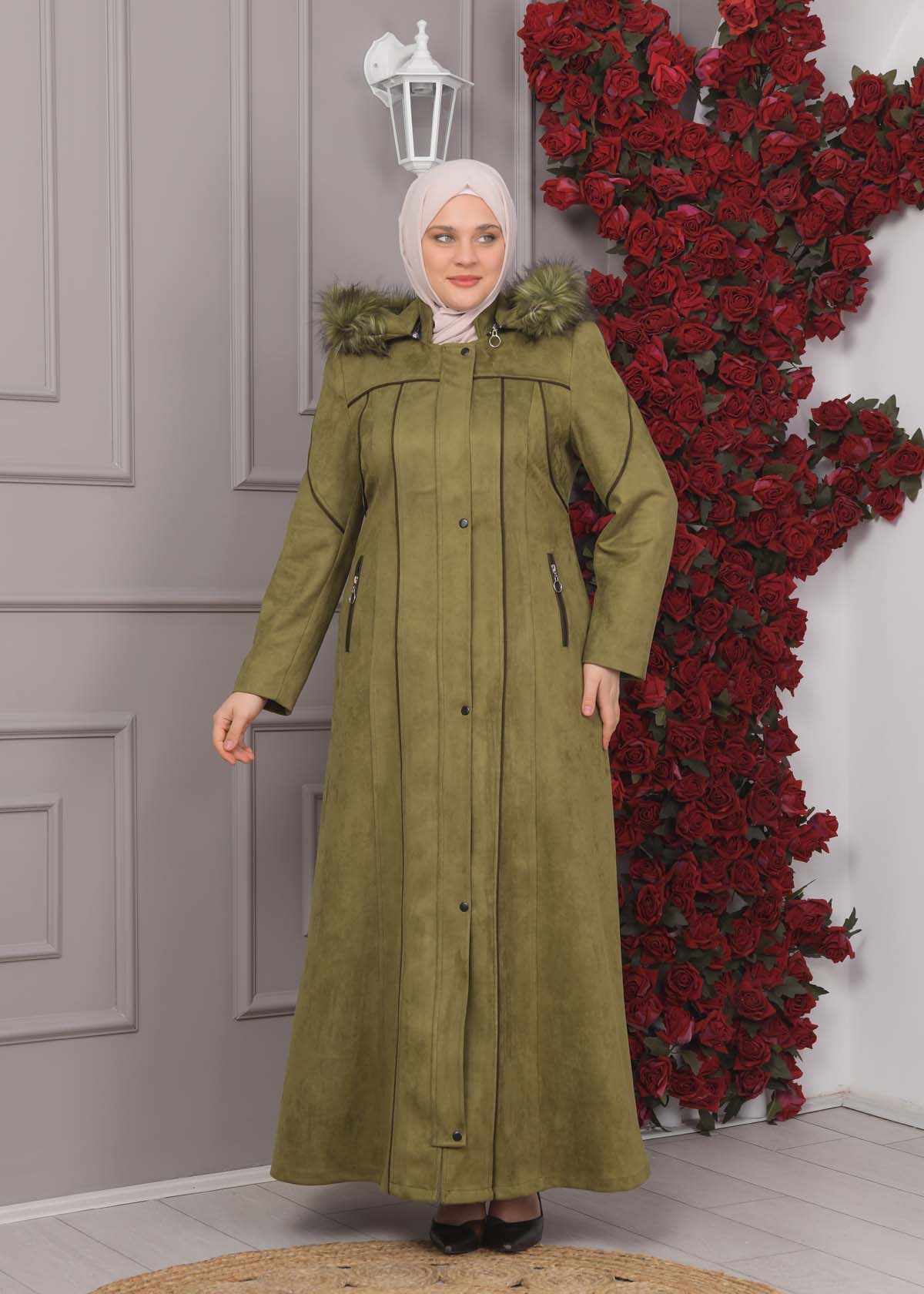 Damen Wildleder-Mantel in Übergrößen mit abnehmbarer Kapuze 1354 - Khaki
