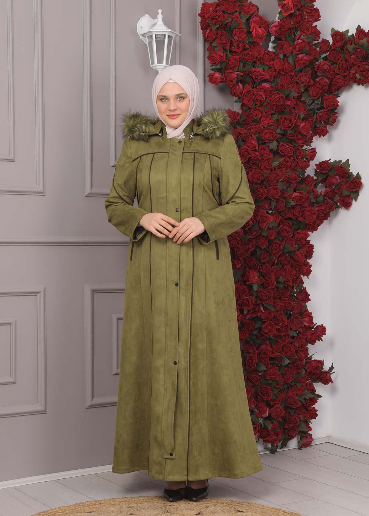 Damen Wildleder-Mantel in Übergrößen mit abnehmbarer Kapuze 1354 - Khaki