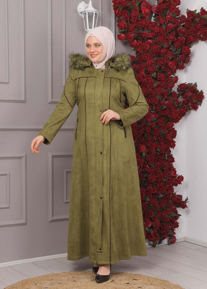 Damen Wildleder-Mantel in Übergrößen mit abnehmbarer Kapuze 1354 - Khaki