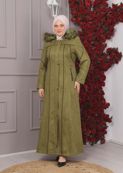 Damen Wildleder-Mantel in Übergrößen mit abnehmbarer Kapuze 1354 - Khaki