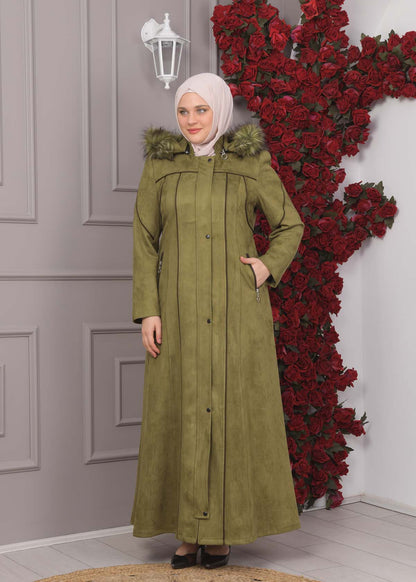 Damen Wildleder-Mantel in Übergrößen mit abnehmbarer Kapuze 1354 - Khaki