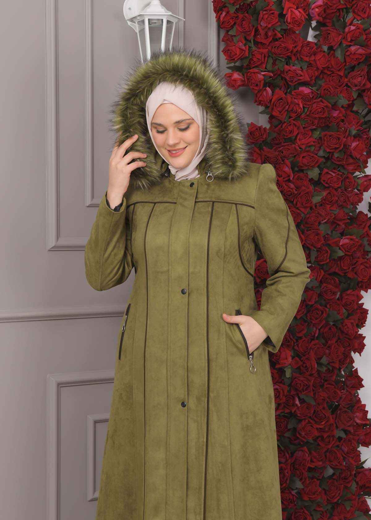 Damen Wildleder-Mantel in Übergrößen mit abnehmbarer Kapuze 1354 - Khaki