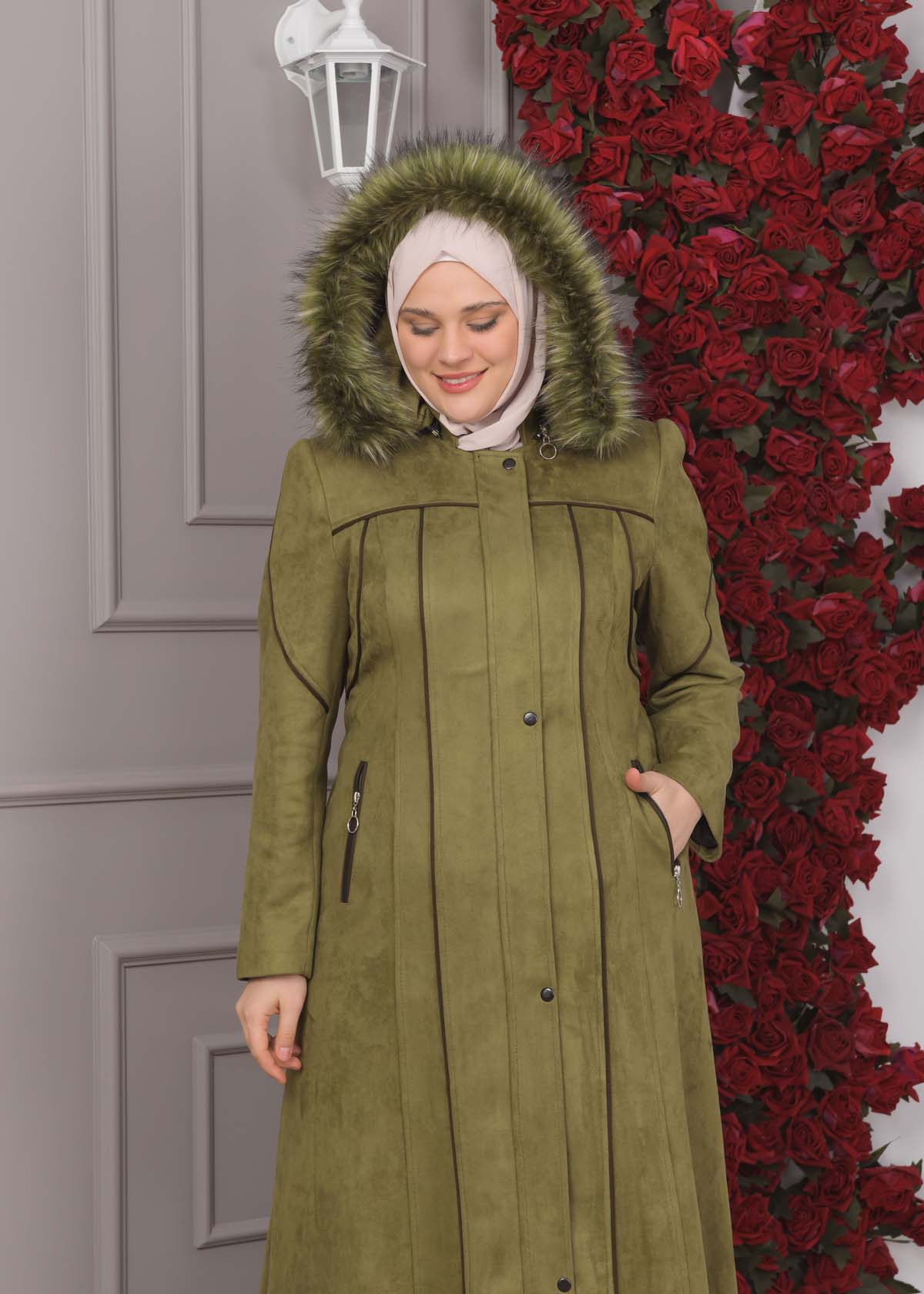 Damen Wildleder-Mantel in Übergrößen mit abnehmbarer Kapuze 1354 - Khaki