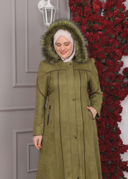 Damen Wildleder-Mantel in Übergrößen mit abnehmbarer Kapuze 1354 - Khaki