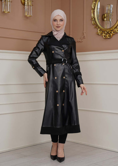 Leder-Wildleder-Trenchcoat mit Fellfutter 1334 - Schwarz