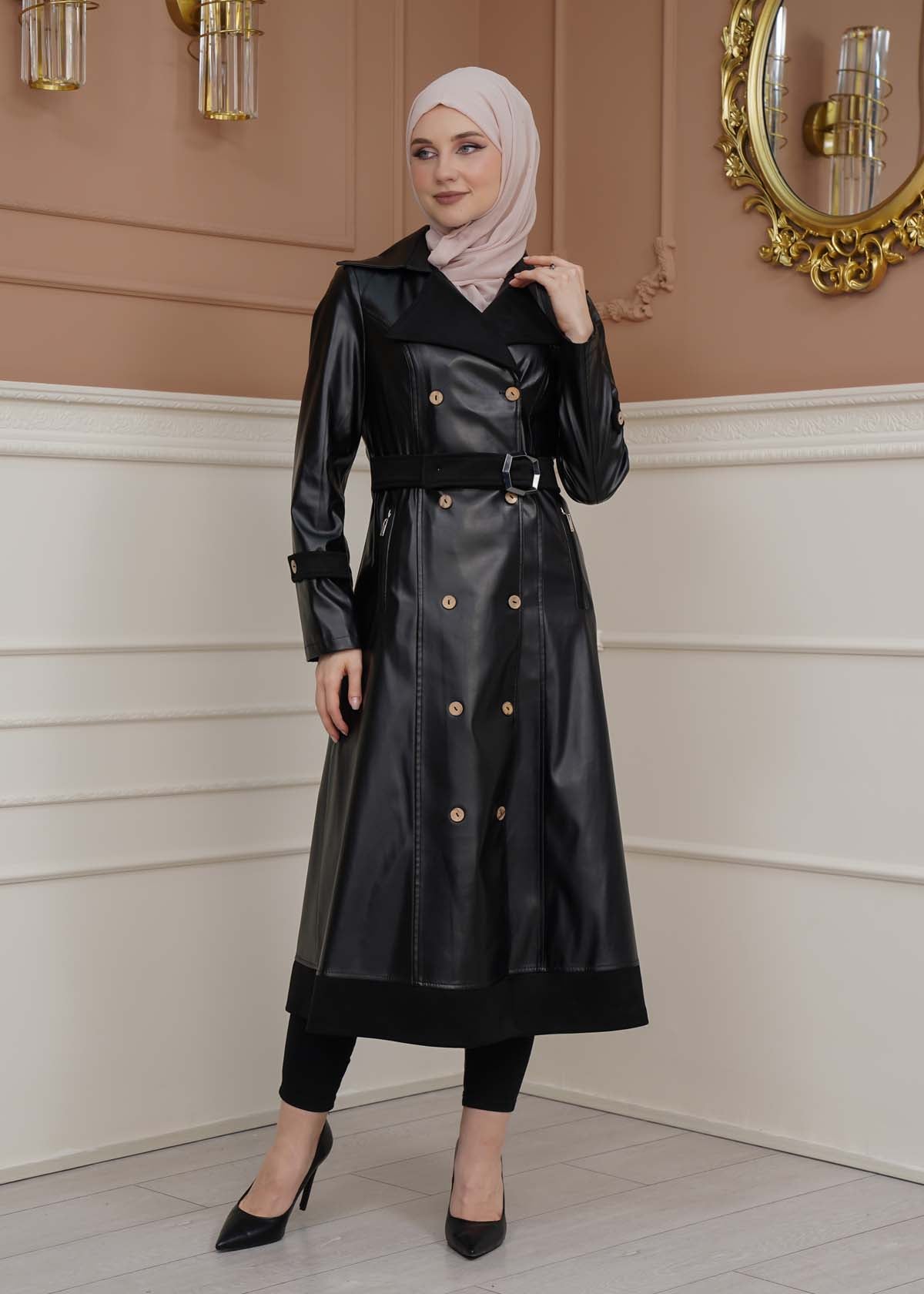 Leder-Wildleder-Trenchcoat mit Fellfutter 1334 - Schwarz