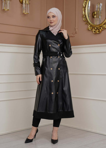 Leder-Wildleder-Trenchcoat mit Fellfutter 1334 - Schwarz