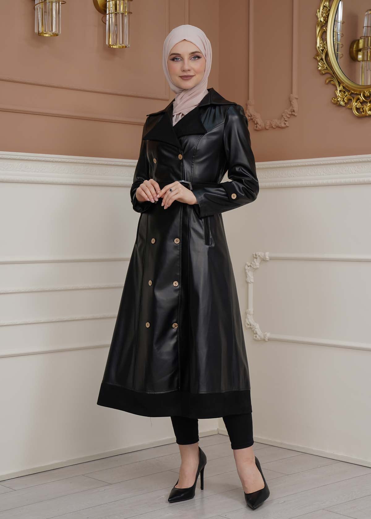 Leder-Wildleder-Trenchcoat mit Fellfutter 1334 - Schwarz
