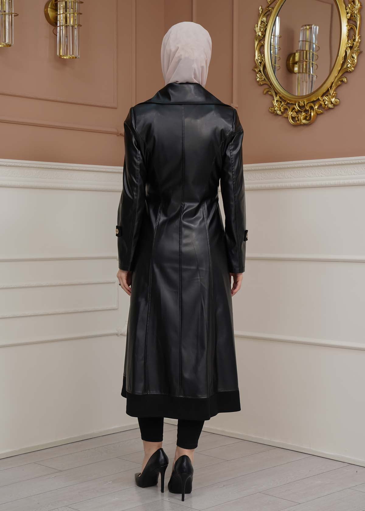 Leder-Wildleder-Trenchcoat mit Fellfutter 1334 - Schwarz