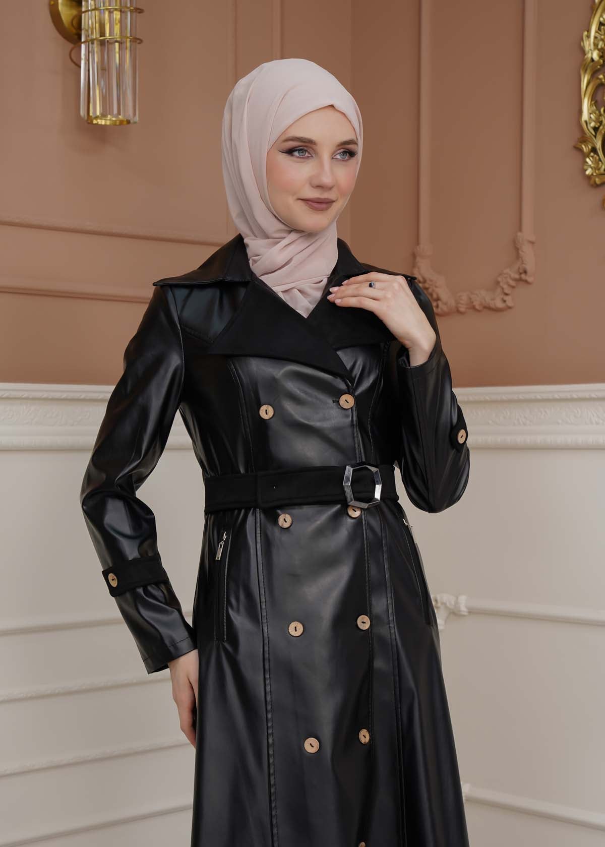 Leder-Wildleder-Trenchcoat mit Fellfutter 1334 - Schwarz