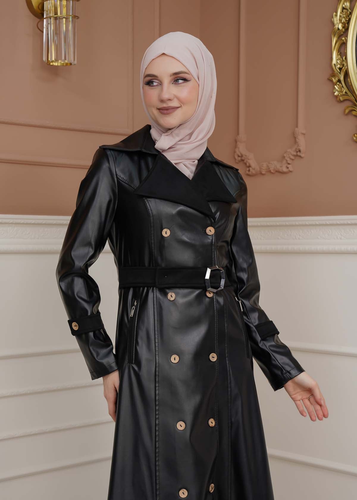 Leder-Wildleder-Trenchcoat mit Fellfutter 1334 - Schwarz