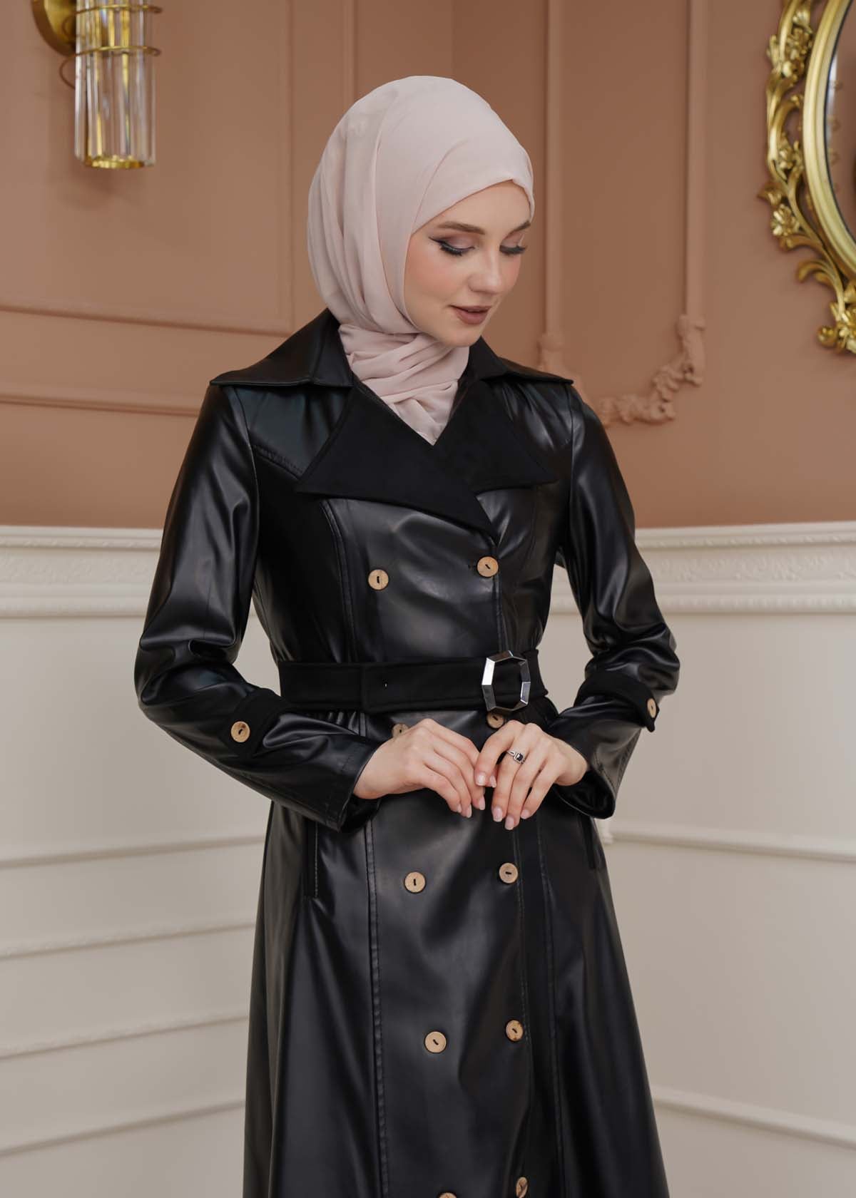 Leder-Wildleder-Trenchcoat mit Fellfutter 1334 - Schwarz