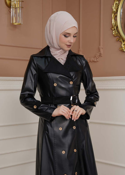 Leder-Wildleder-Trenchcoat mit Fellfutter 1334 - Schwarz