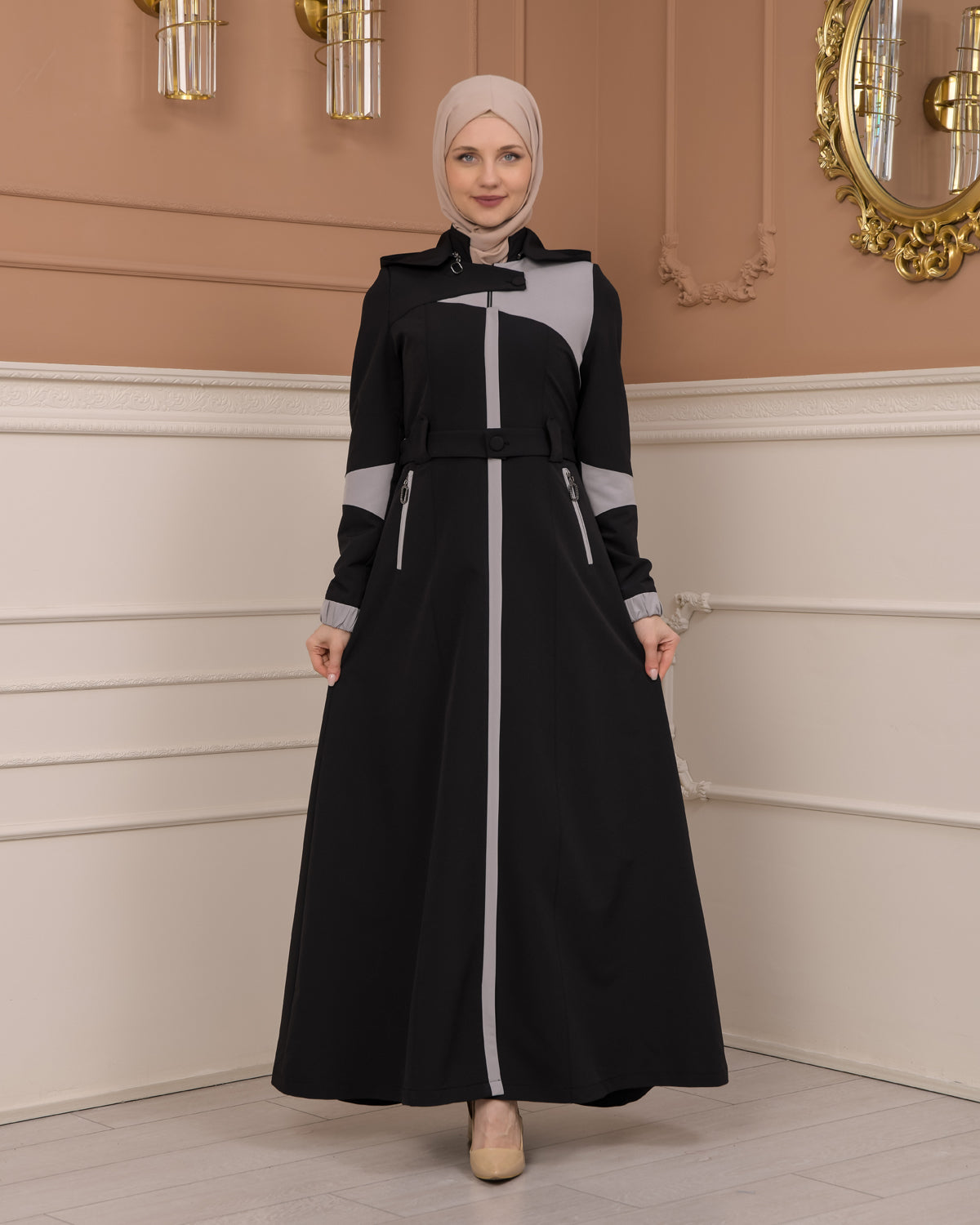 Regenmanto aus Fallschirmstoff mit Satinfutter und abnehmbarer Kapuze 1227 - Schwarz