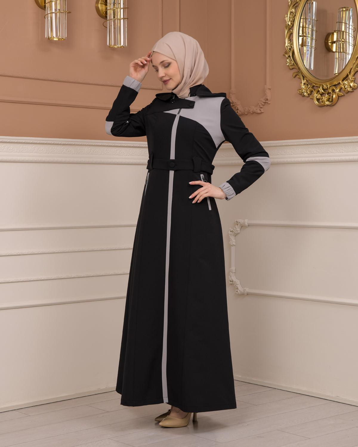 Regenmanto aus Fallschirmstoff mit Satinfutter und abnehmbarer Kapuze 1227 - Schwarz