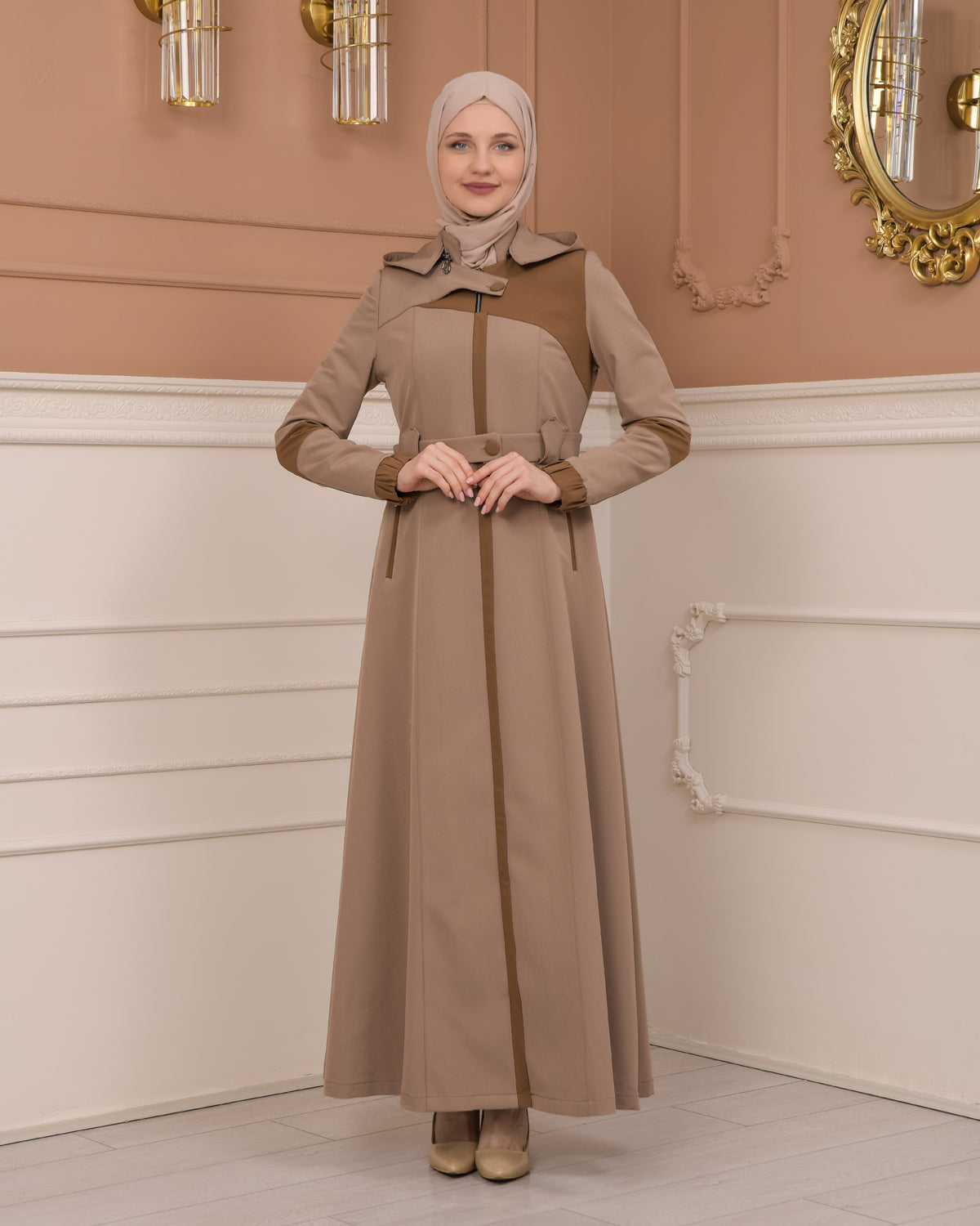 Regenmanto aus Fallschirmstoff mit Satinfutter und abnehmbarer Kapuze 1227 - Hellbraun