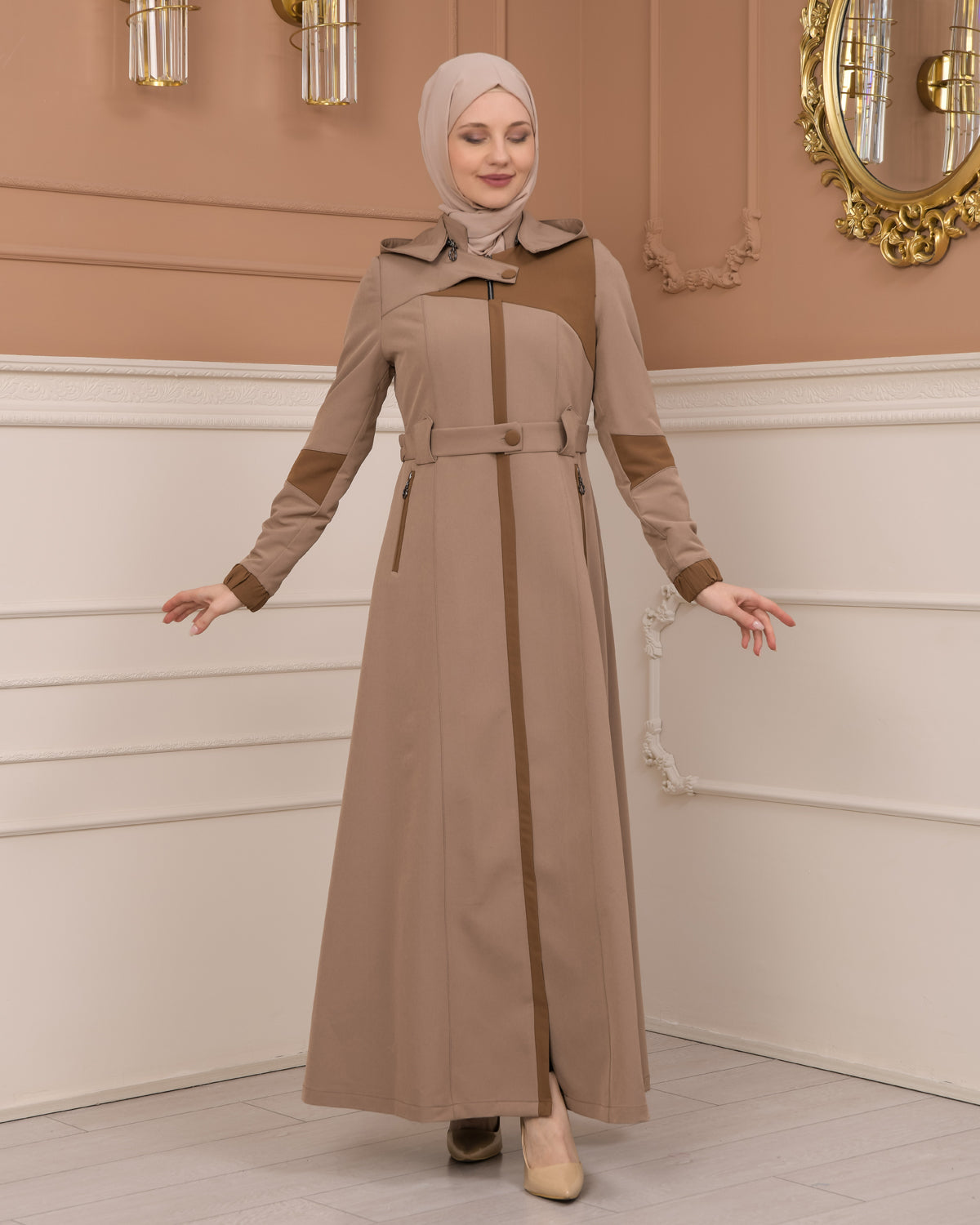 Regenmanto aus Fallschirmstoff mit Satinfutter und abnehmbarer Kapuze 1227 - Hellbraun