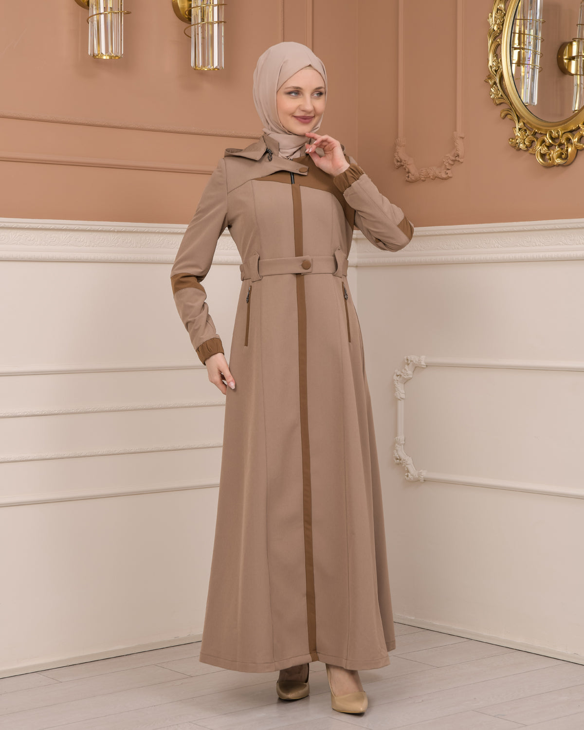 Regenmanto aus Fallschirmstoff mit Satinfutter und abnehmbarer Kapuze 1227 - Hellbraun