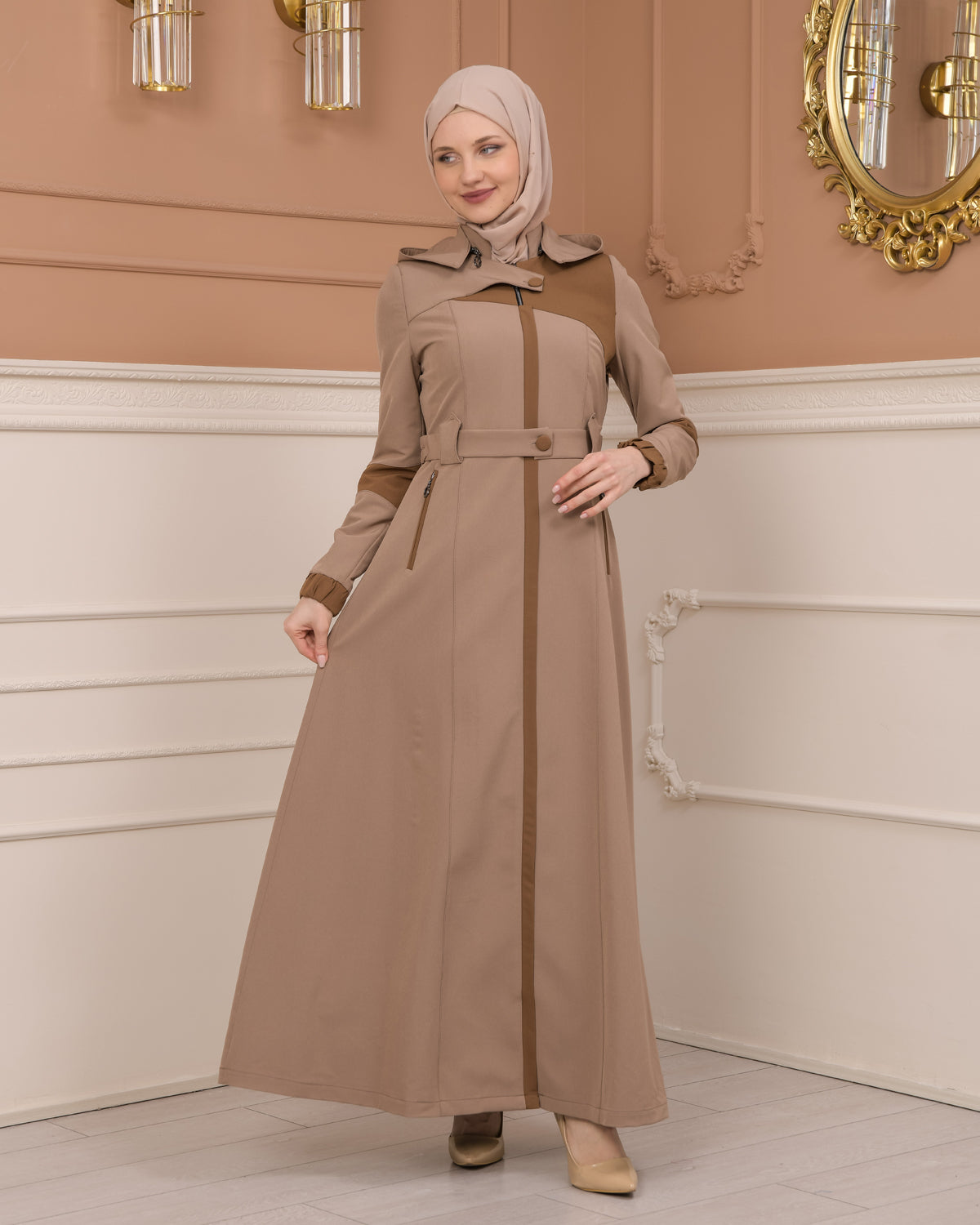 Regenmanto aus Fallschirmstoff mit Satinfutter und abnehmbarer Kapuze 1227 - Hellbraun