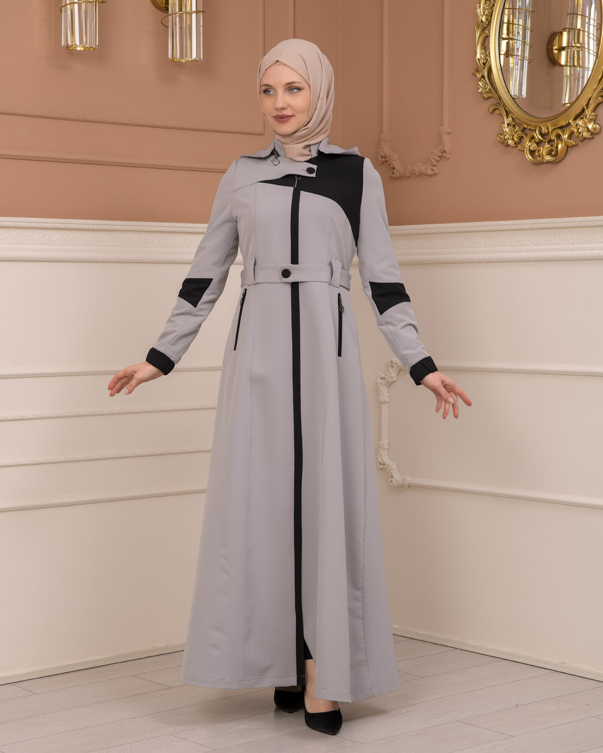 Regenmanto aus Fallschirmstoff mit Satinfutter und abnehmbarer Kapuze 1227 - Grau