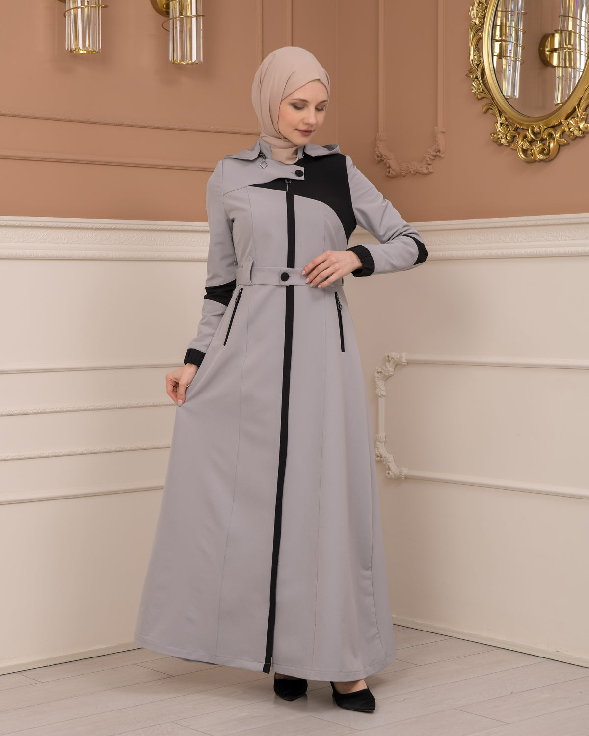 Regenmanto aus Fallschirmstoff mit Satinfutter und abnehmbarer Kapuze 1227 - Grau