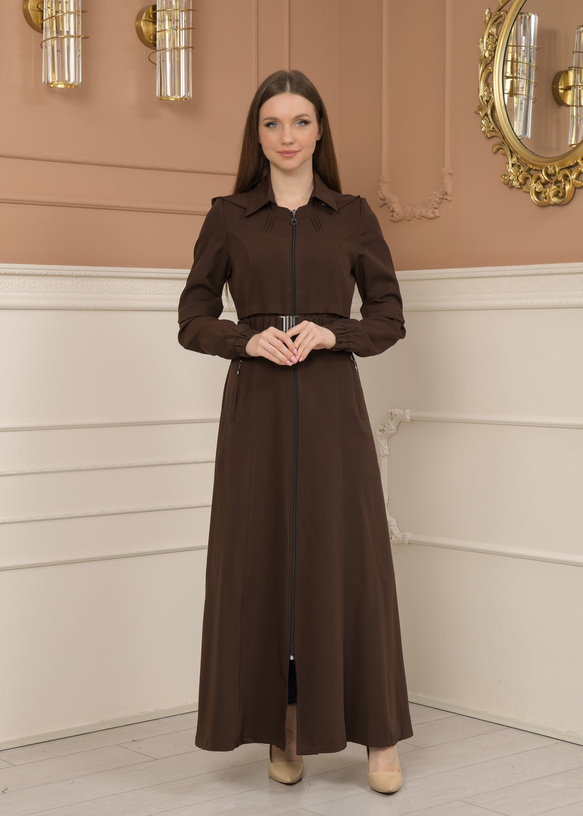 Eleganter brada-Stoff Manto mit Satinfutter und abnehmbarer Kapuze 1228 - Braun