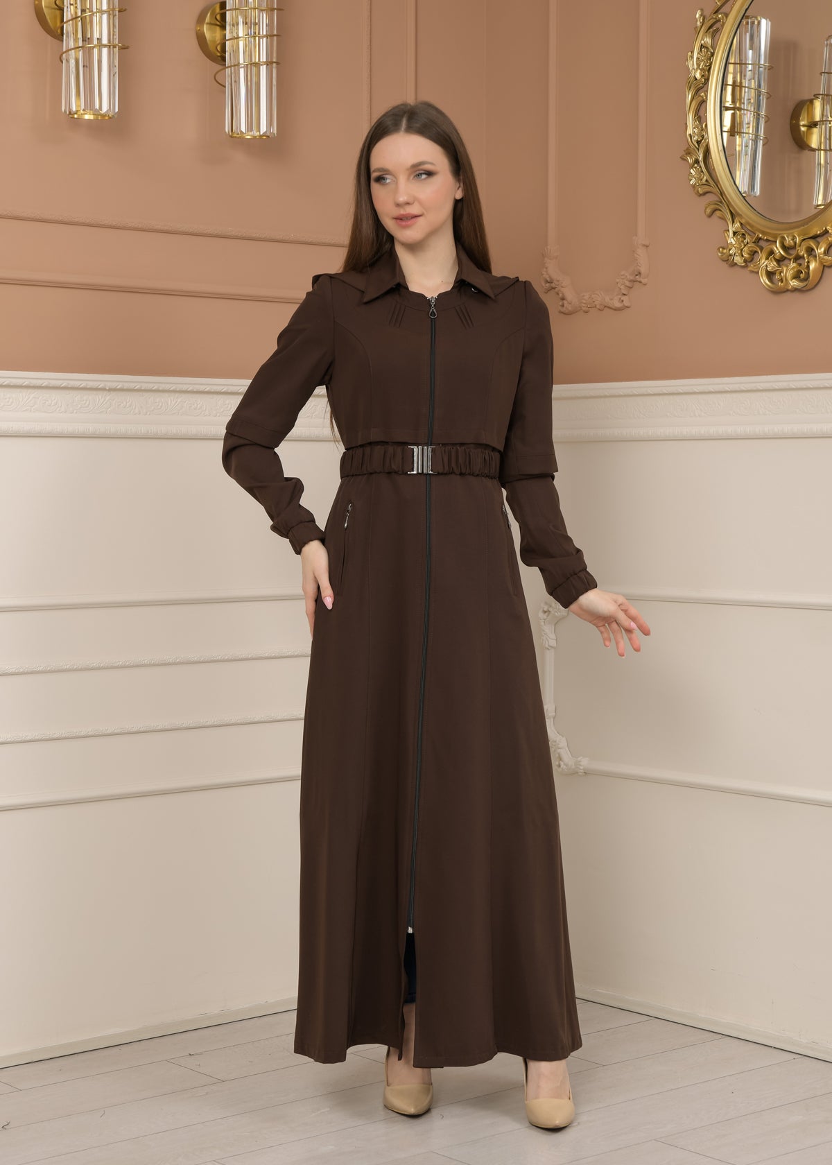 Eleganter brada-Stoff Manto mit Satinfutter und abnehmbarer Kapuze 1228 - Braun