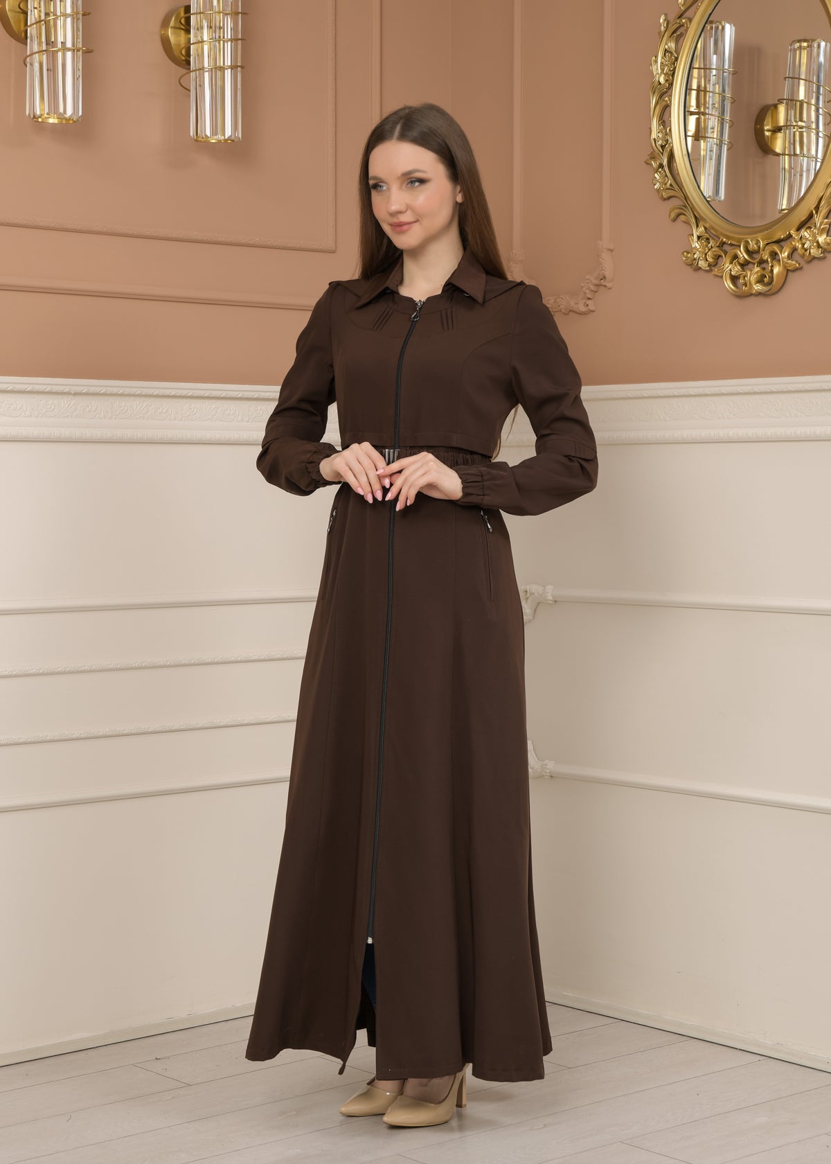 Eleganter brada-Stoff Manto mit Satinfutter und abnehmbarer Kapuze 1228 - Braun