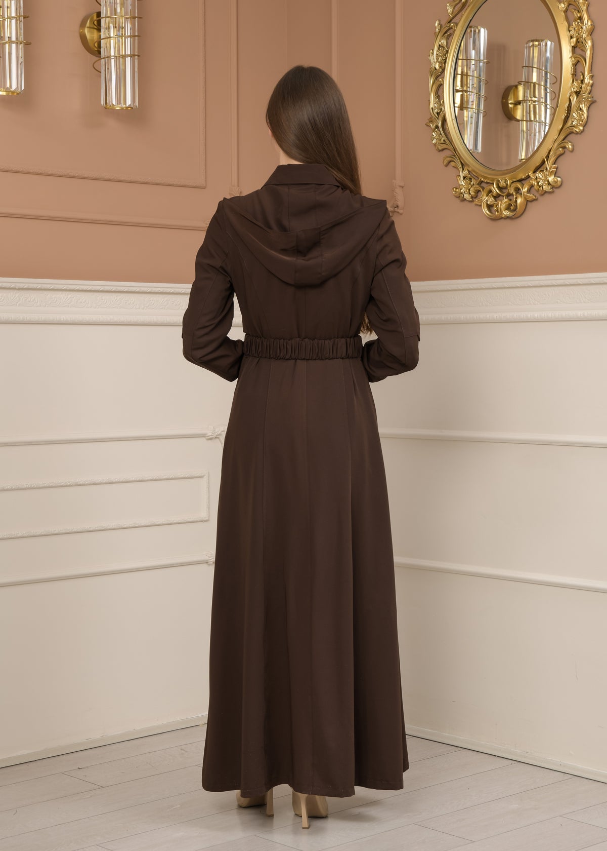 Eleganter brada-Stoff Manto mit Satinfutter und abnehmbarer Kapuze 1228 - Braun