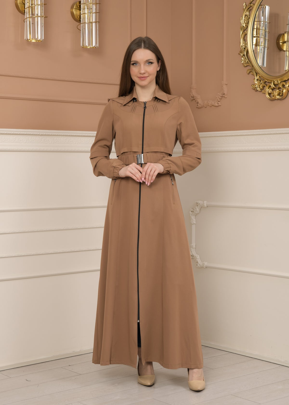 Eleganter brada-Stoff Manto mit Satinfutter und abnehmbarer Kapuze 1228 - Beige