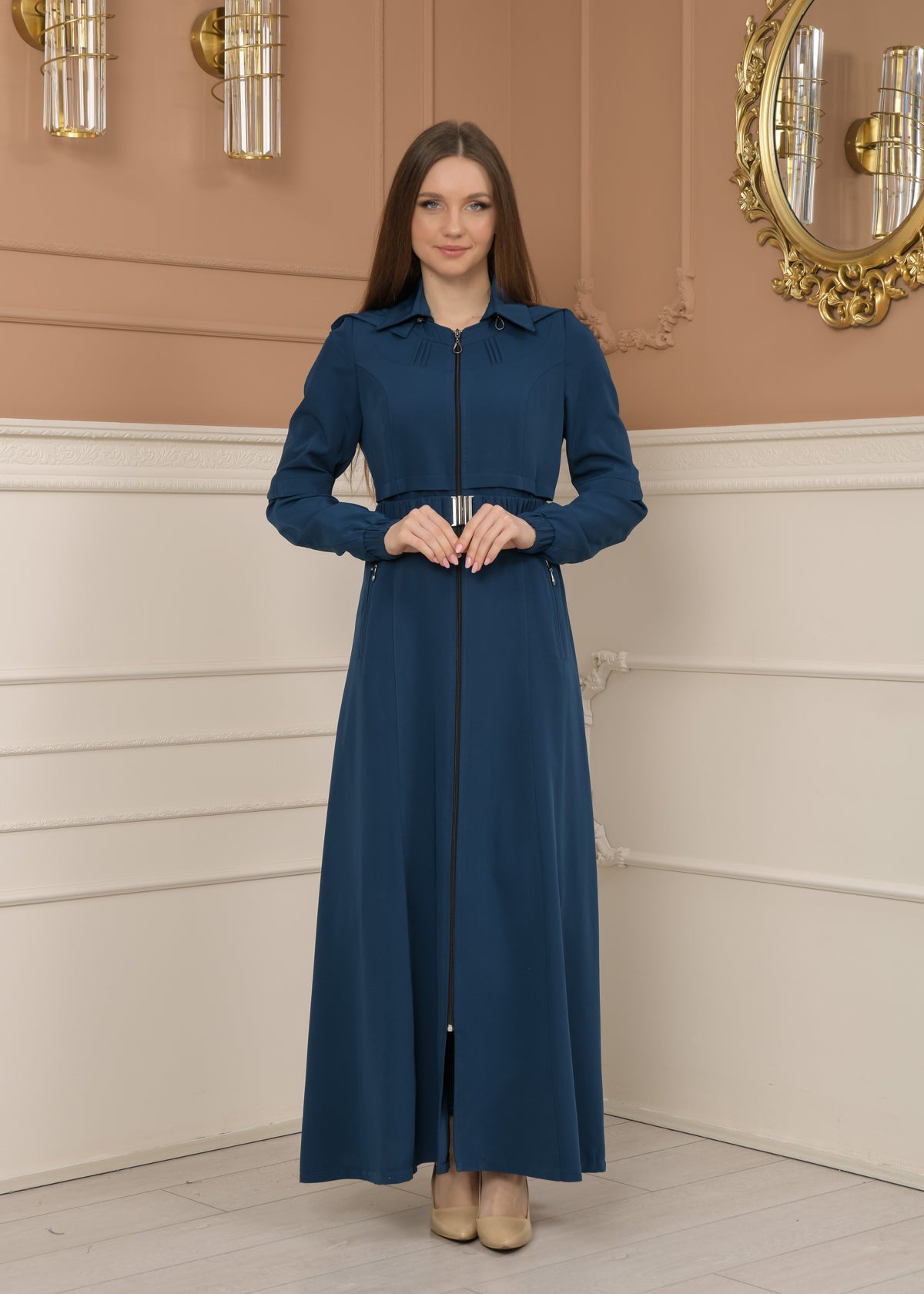 Eleganter brada-Stoff Manto mit Satinfutter und abnehmbarer Kapuze 1228 - Türkis