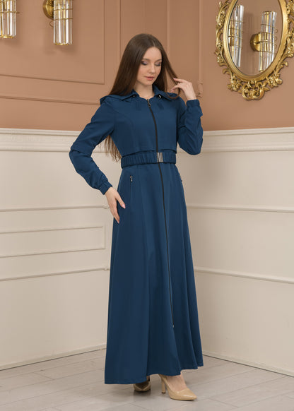 Eleganter brada-Stoff Manto mit Satinfutter und abnehmbarer Kapuze 1228 - Türkis