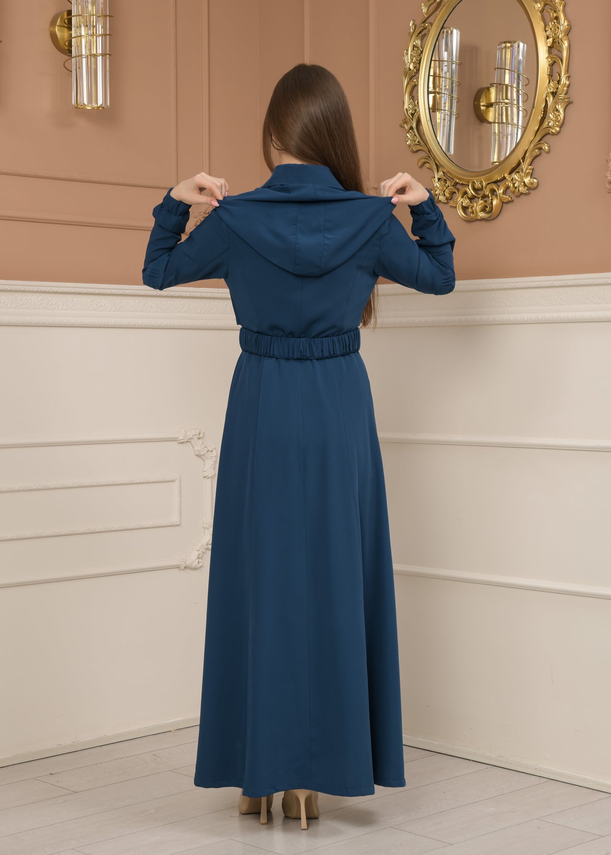 Eleganter brada-Stoff Manto mit Satinfutter und abnehmbarer Kapuze 1228 - Türkis