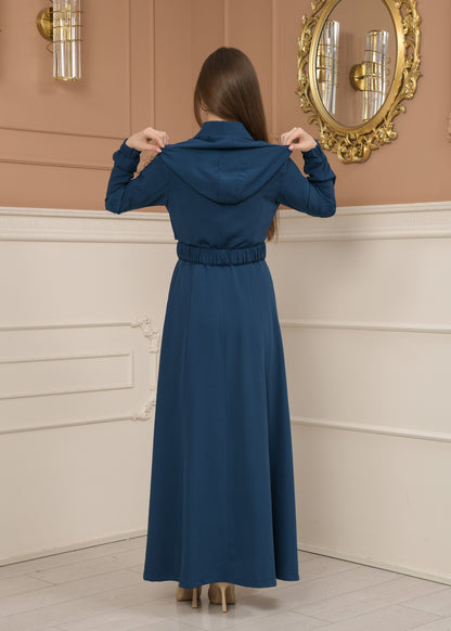 Eleganter brada-Stoff Manto mit Satinfutter und abnehmbarer Kapuze 1228 - Türkis