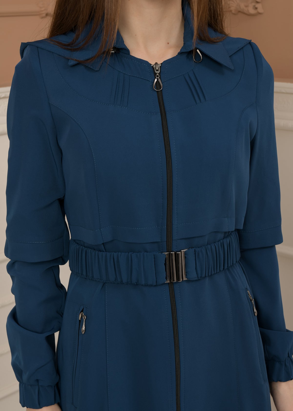 Eleganter brada-Stoff Manto mit Satinfutter und abnehmbarer Kapuze 1228 - Türkis