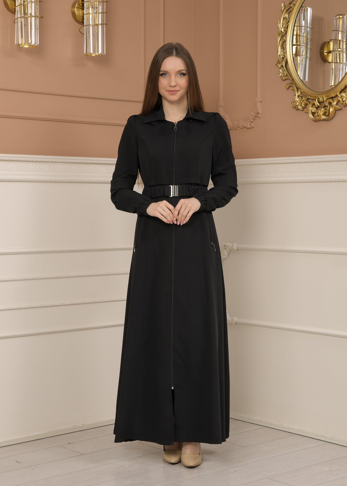 Eleganter brada-Stoff Manto mit Satinfutter und abnehmbarer Kapuze 1228 - Schwarz