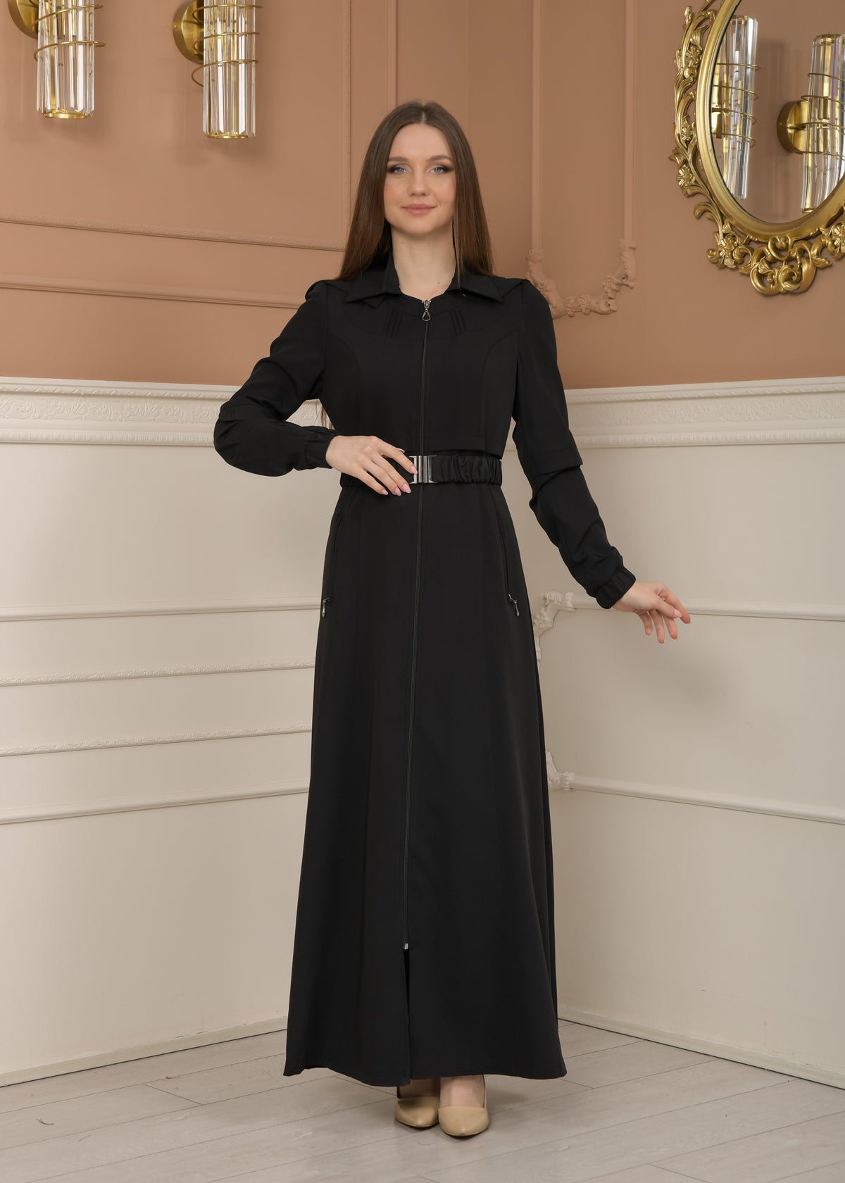 Eleganter brada-Stoff Manto mit Satinfutter und abnehmbarer Kapuze 1228 - Schwarz