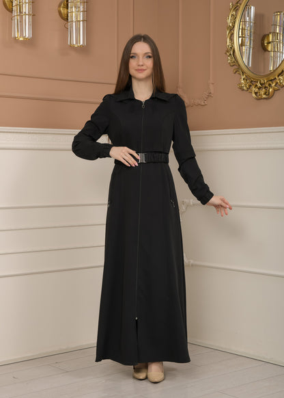 Eleganter brada-Stoff Manto mit Satinfutter und abnehmbarer Kapuze 1228 - Schwarz