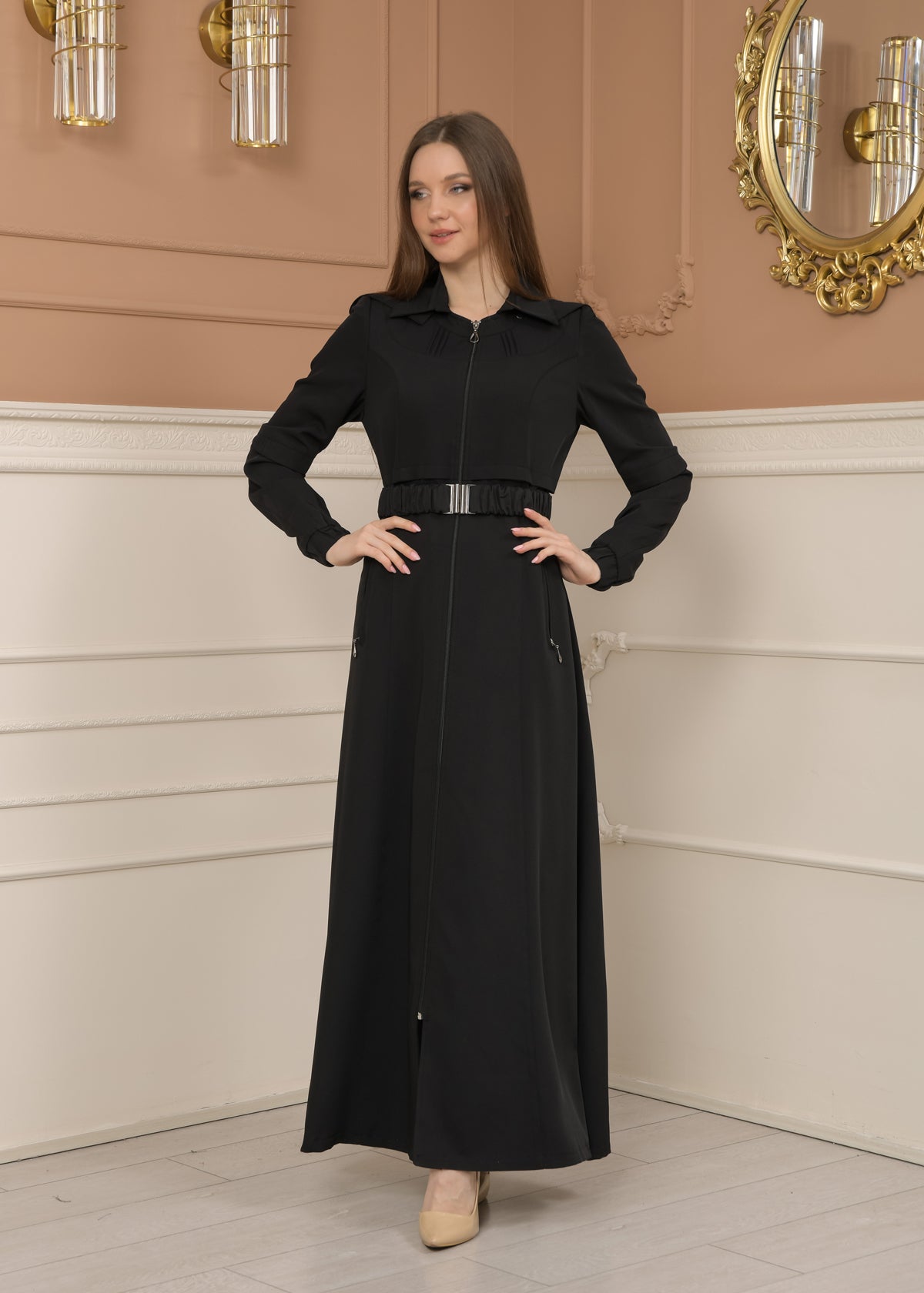 Eleganter brada-Stoff Manto mit Satinfutter und abnehmbarer Kapuze 1228 - Schwarz