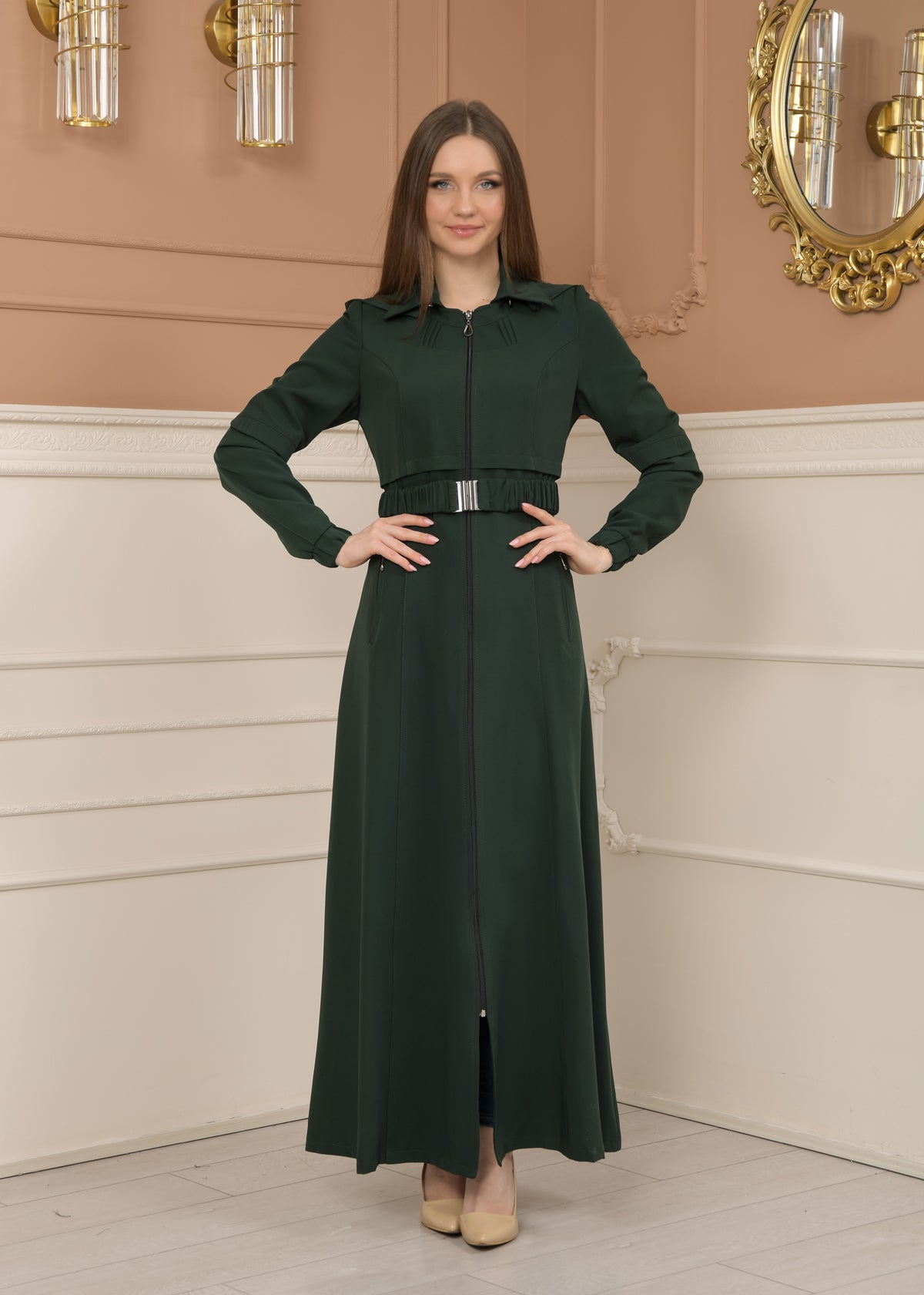 Eleganter brada-Stoff Manto mit Satinfutter und abnehmbarer Kapuze 1228 - Grün