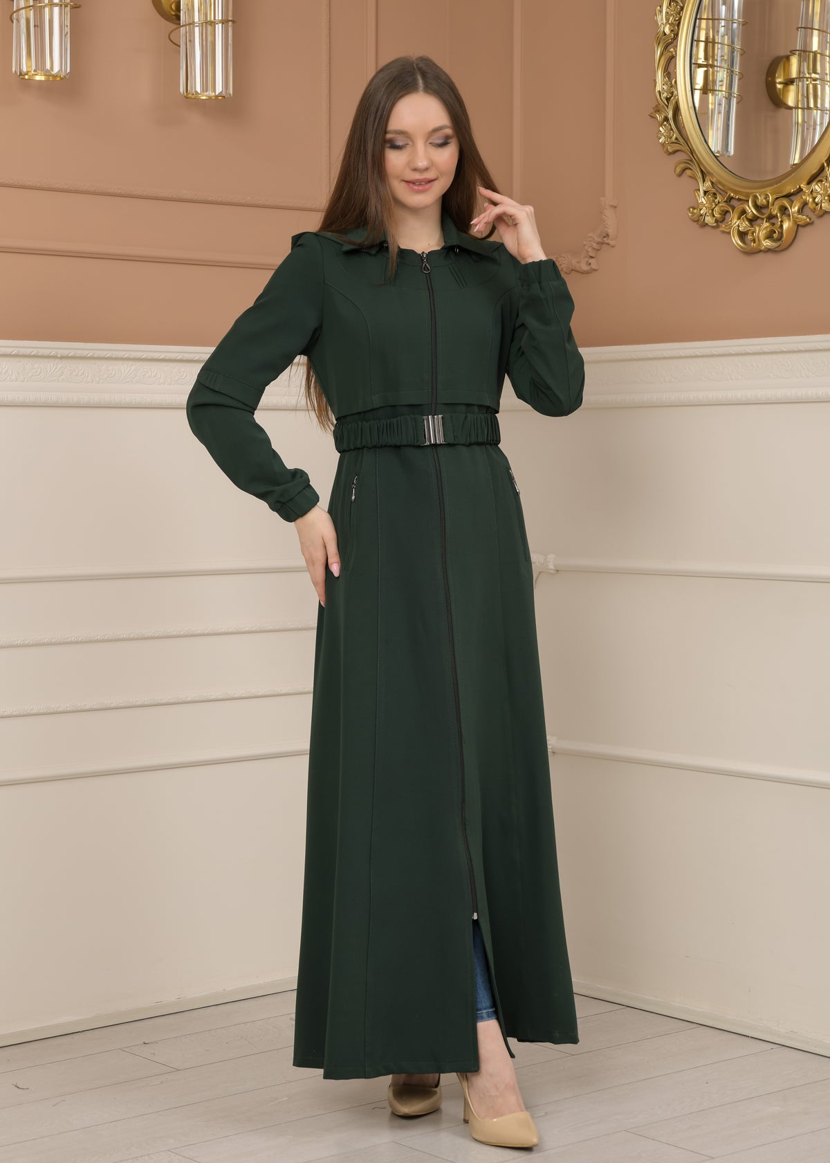 Eleganter brada-Stoff Manto mit Satinfutter und abnehmbarer Kapuze 1228 - Grün