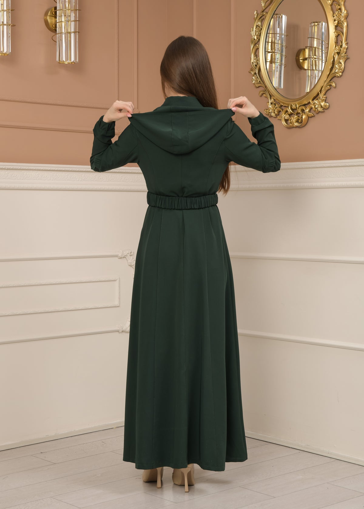 Eleganter brada-Stoff Manto mit Satinfutter und abnehmbarer Kapuze 1228 - Grün