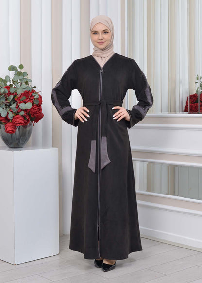 Elegante Wildleder-Abaya mit Reißverschluss 1352 - Anthrazit